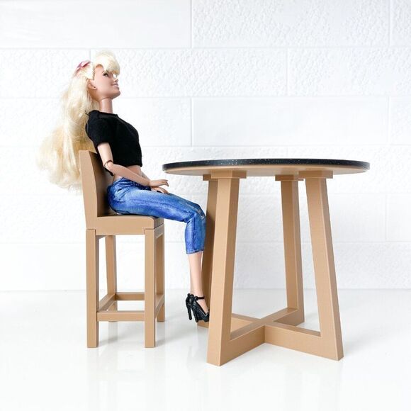 Miniature Barbie Tan Bistro Table 4 Chairs 3D Printed Dollhouse Furniture - Picture 5 of 7